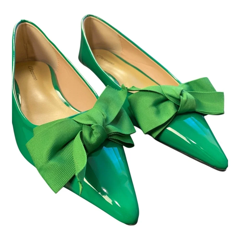 C Paravano Emerald Green Patent Bow Pointed Toe Flats Size 39‎